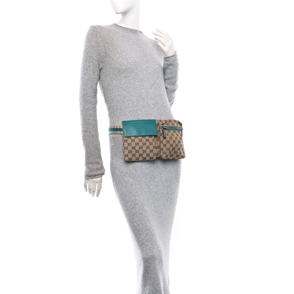 GG Monogram Web Double Pocket Belt Bag Turquoise