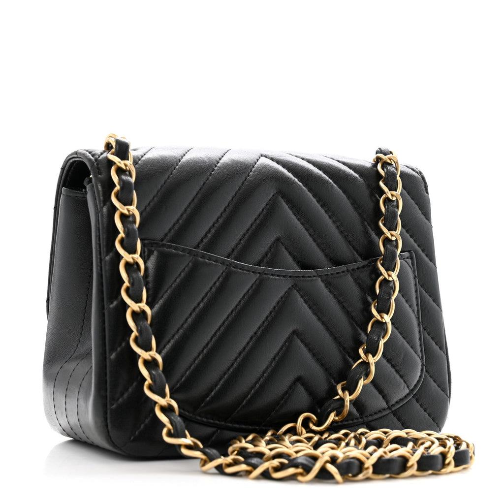 Lambskin Chevron Quilted Mini Square Flap Black
