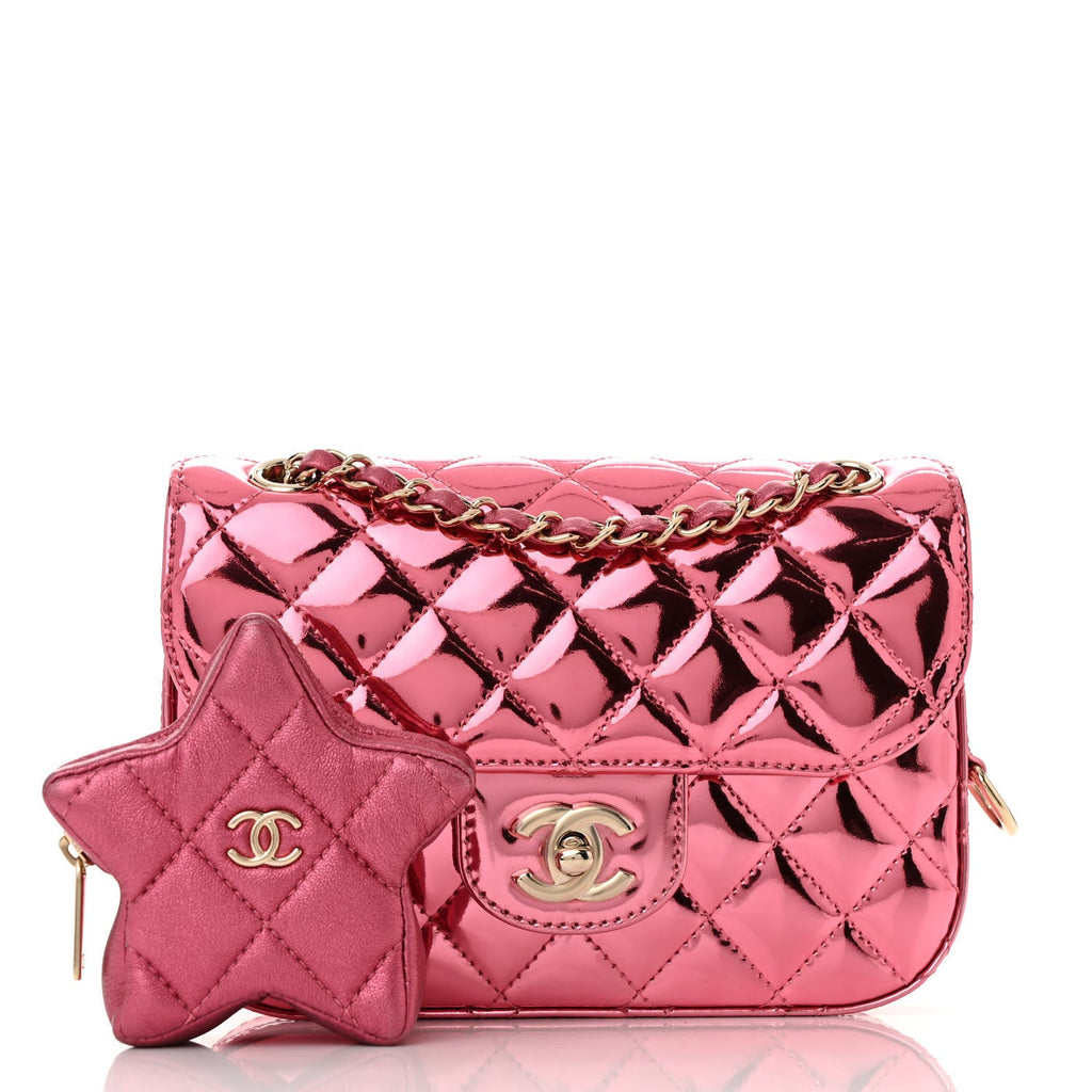 Mirror Calfskin Metallic Lambskin Quilted Hollywood Boulevard Mini Flap With Star Coin Purse Pink