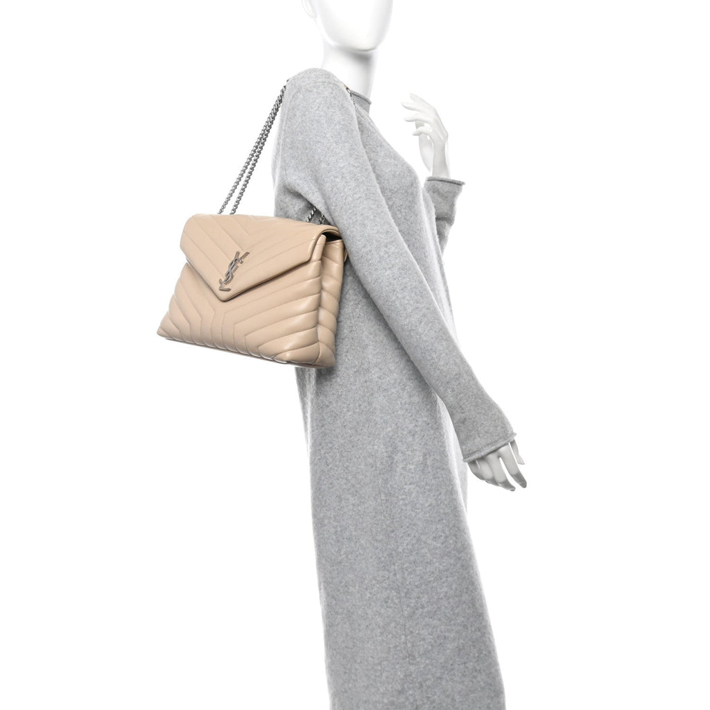 Calfskin Y Quilted Monogram Medium Loulou Chain Satchel Nude Powder