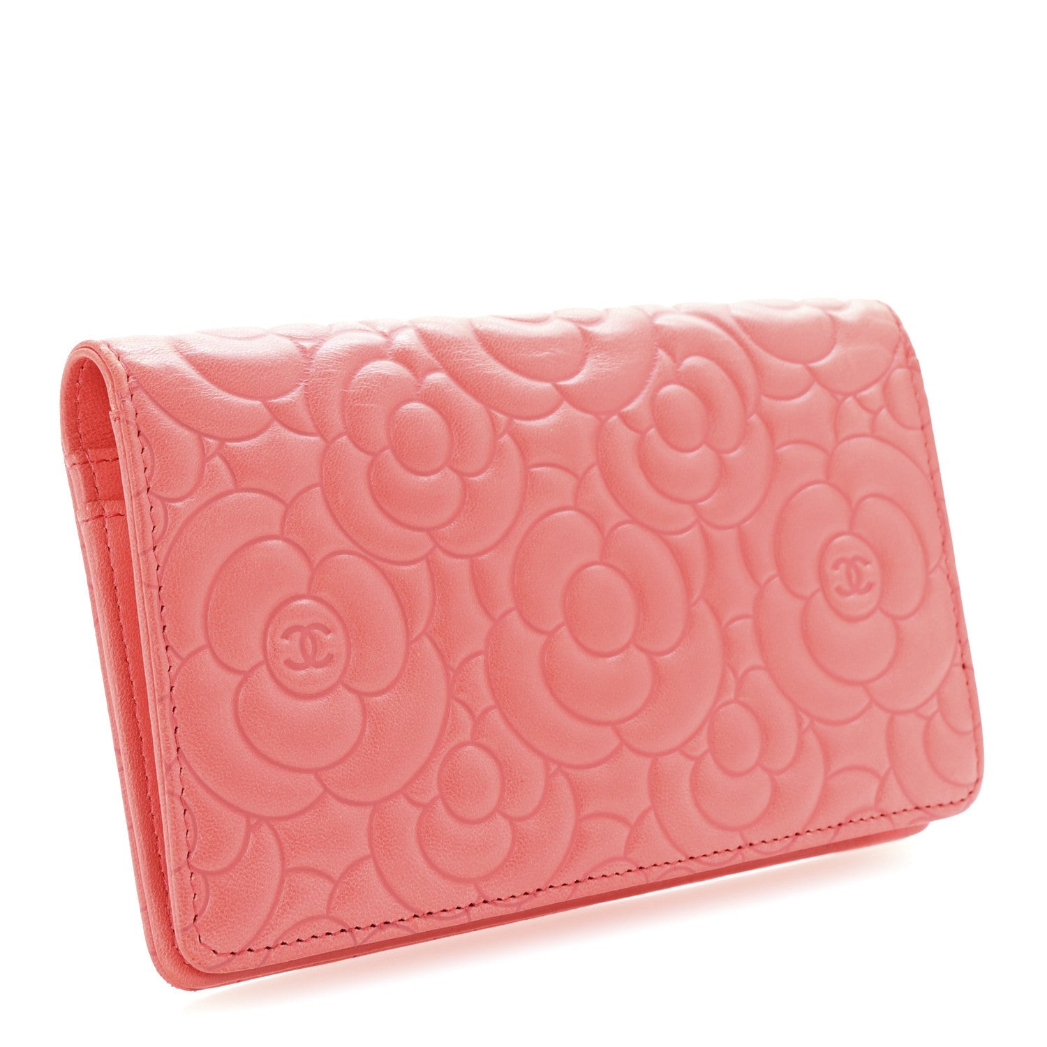 Lambskin Camellia Embossed Yen Wallet Pink