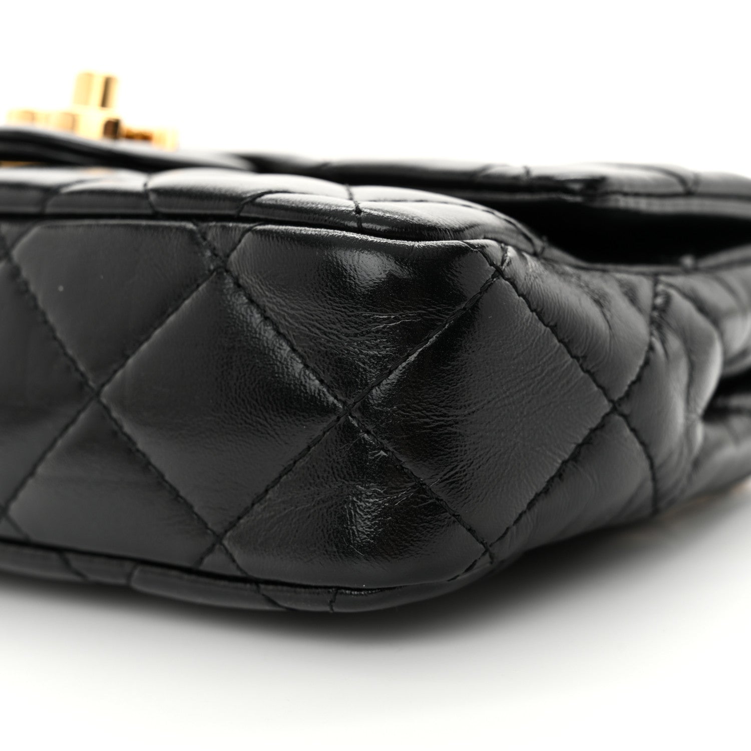 Shiny Lambskin Quilted Golden Links Top Handle Flap Black
