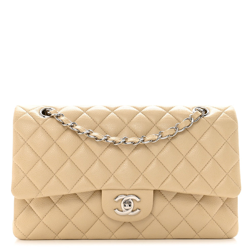 Caviar Quilted Medium Double Flap Beige