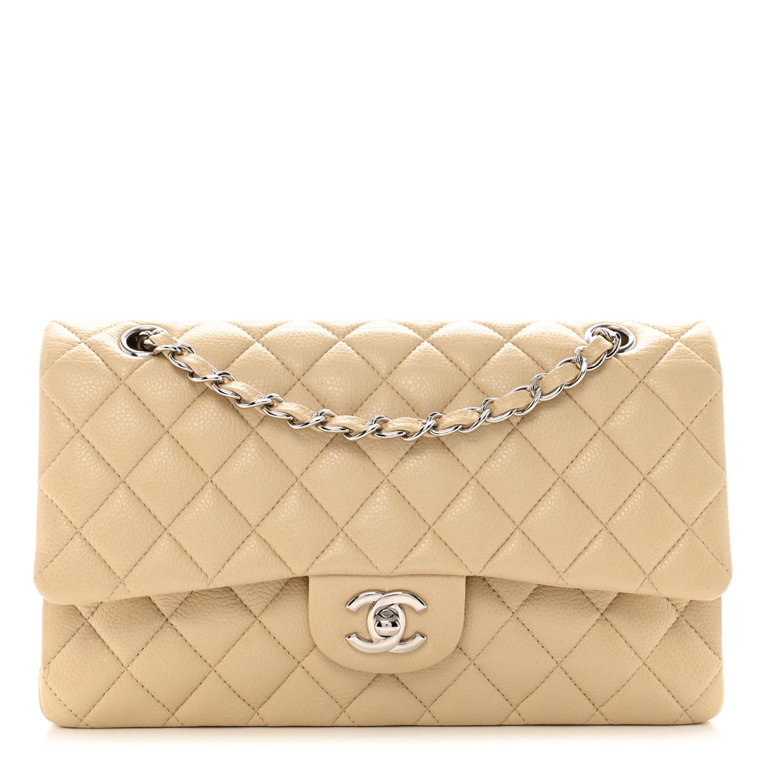 Caviar Quilted Medium Double Flap Beige