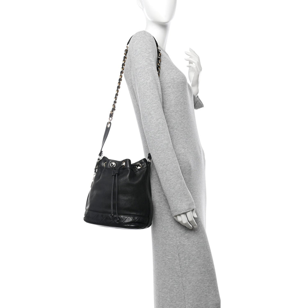 Lambskin Quilted Drawstring Bucket Bag Black