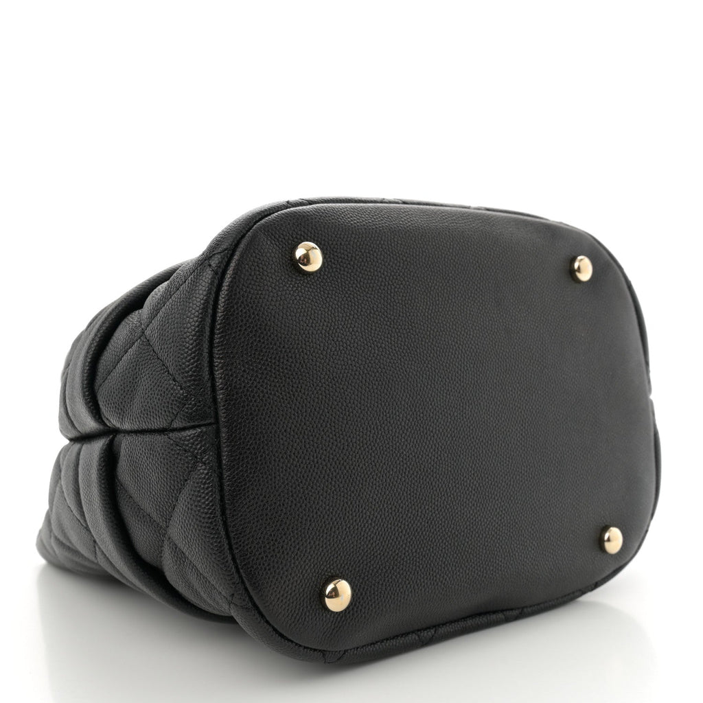 Caviar Quilted Rolled Up Bucket Drawstring Bag Black