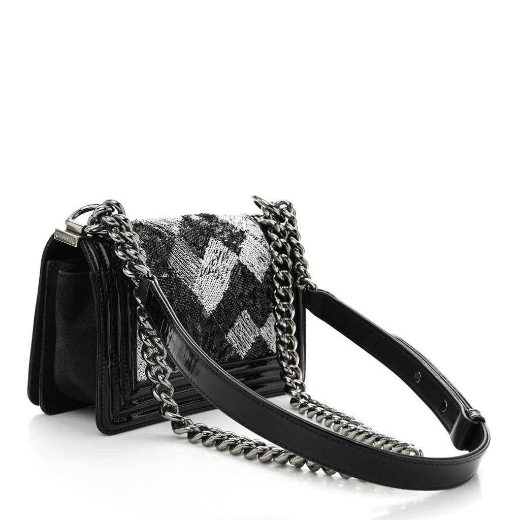 Patent Iridescent Calfskin Sequin Medium Boy Flap Bag Black