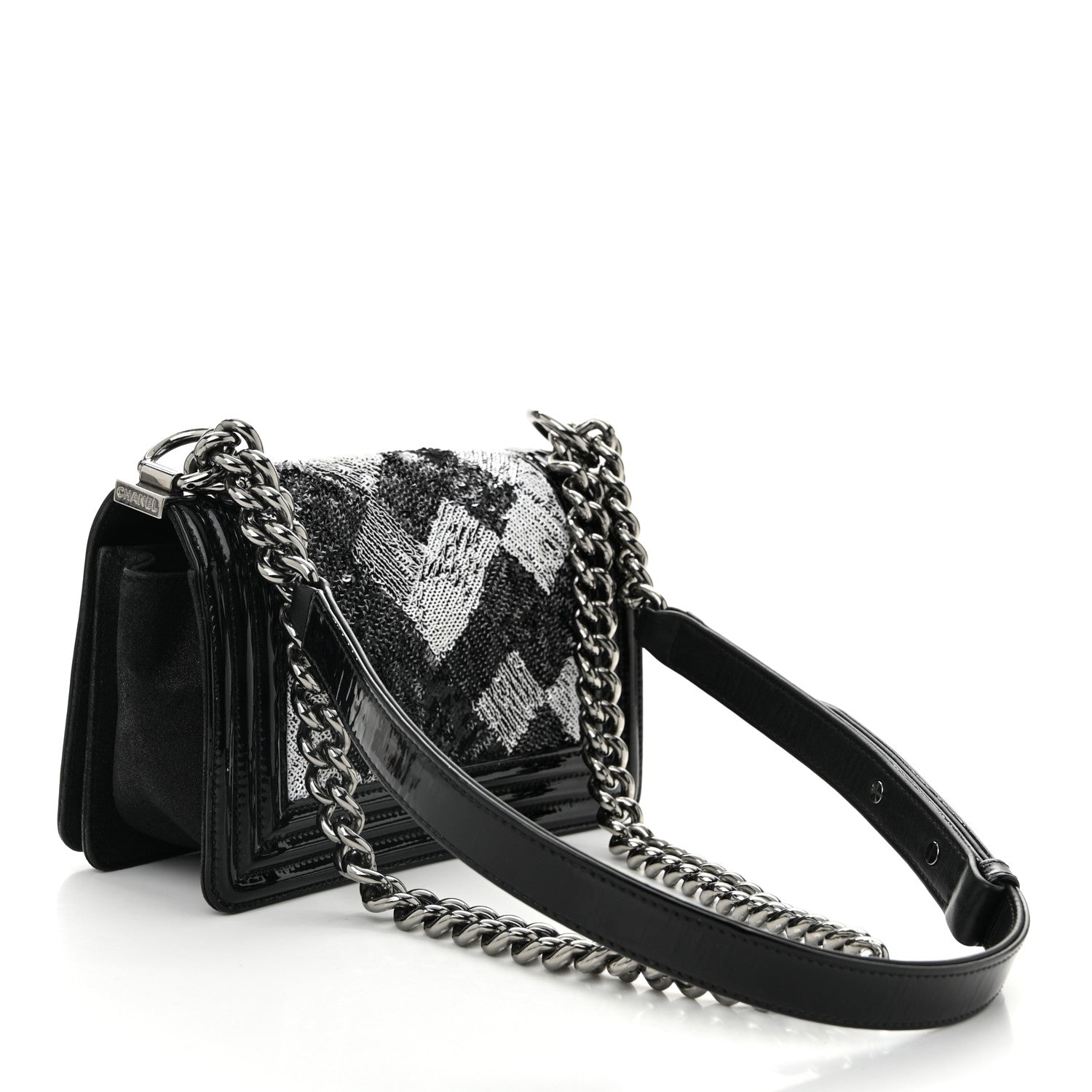 Patent Iridescent Calfskin Sequin Small Boy Flap Bag Black