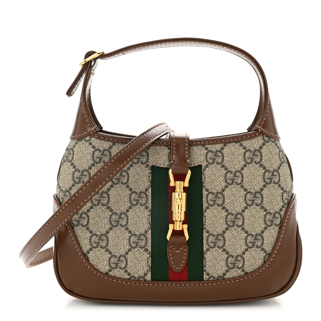 GG Supreme Monogram Azalea Calfskin Web Mini Jackie 1961 Hobo Beige Ebony Brown Sugar