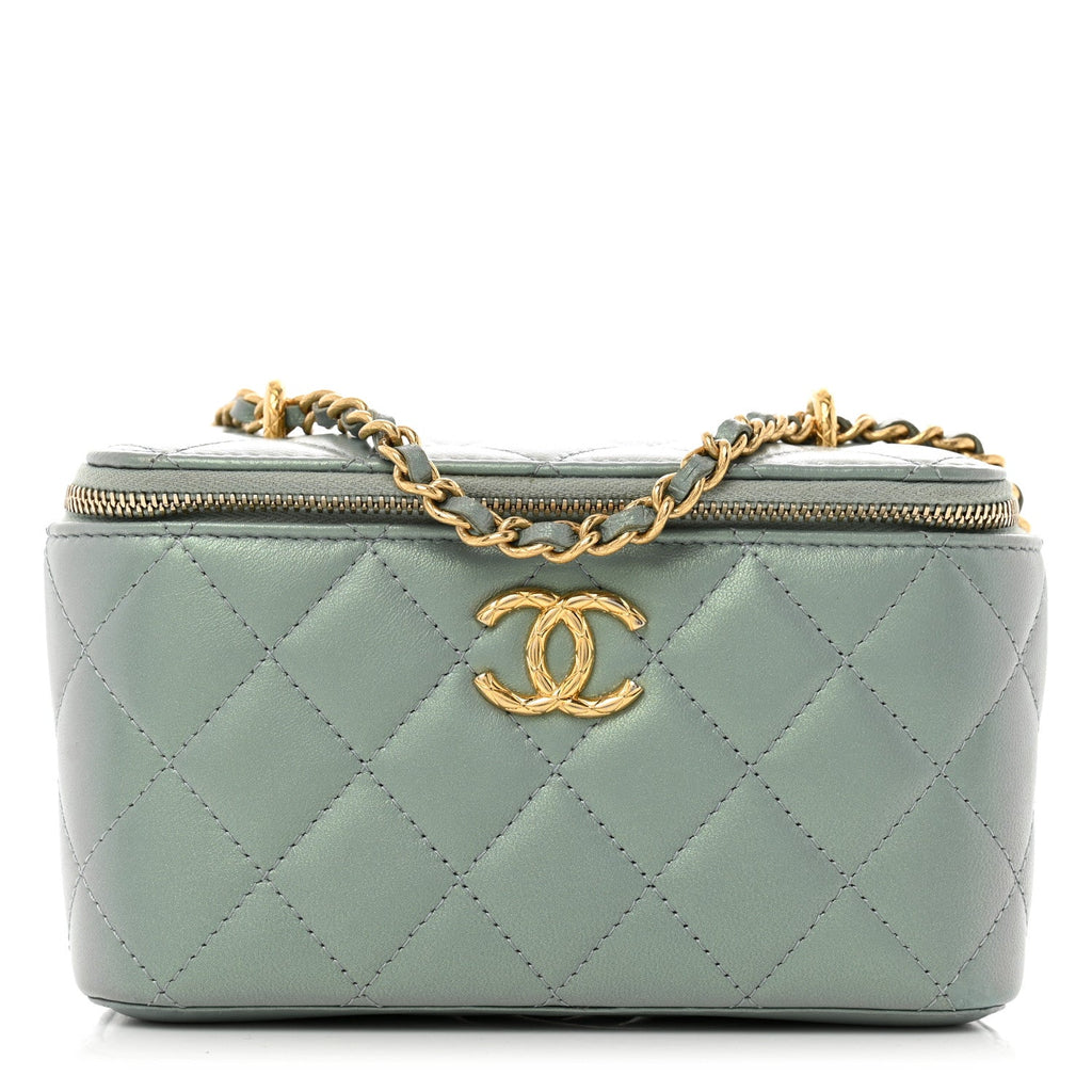 Metallic Lambskin Quilted Small CC Dynasty Vanity Case With Chain Grey