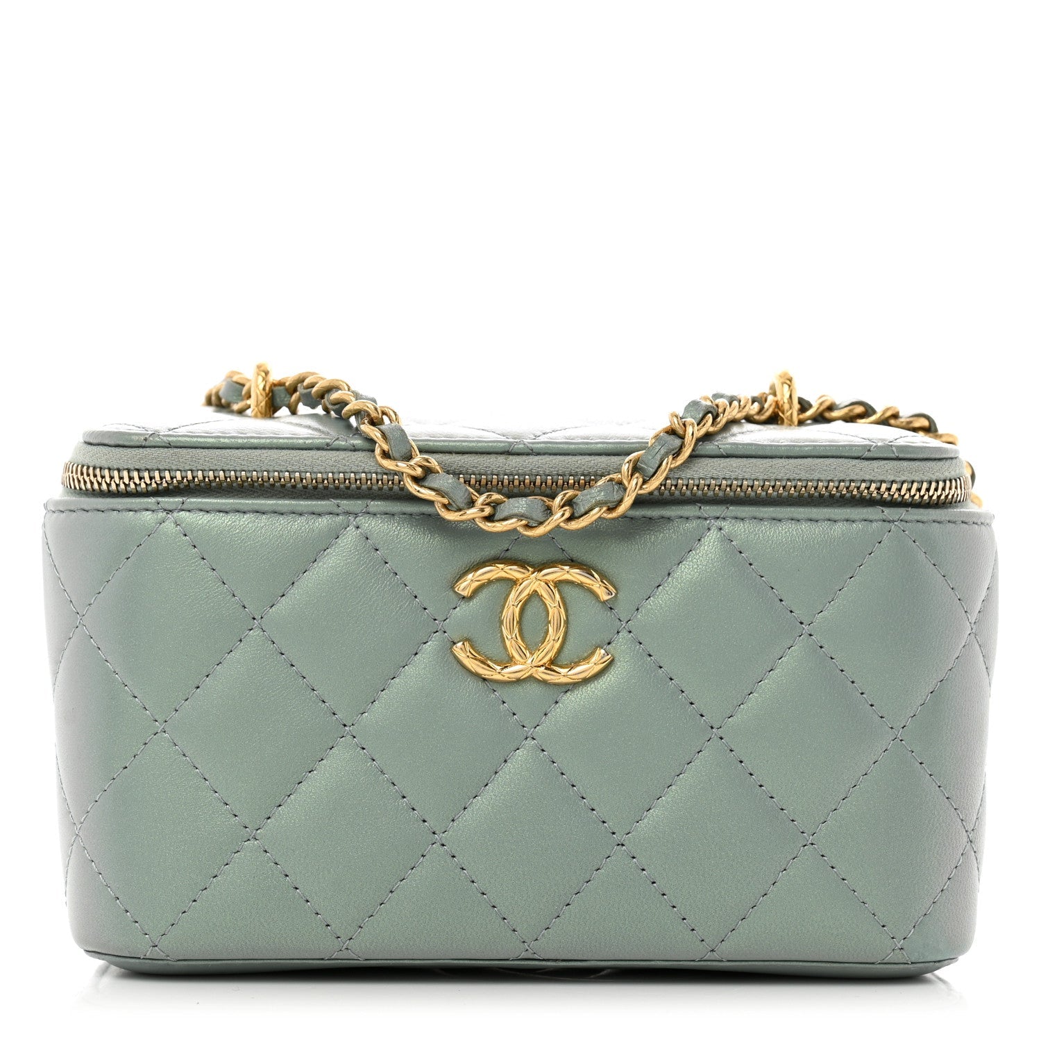 Metallic Lambskin Quilted Small CC Dynasty Vanity Case With Chain Grey