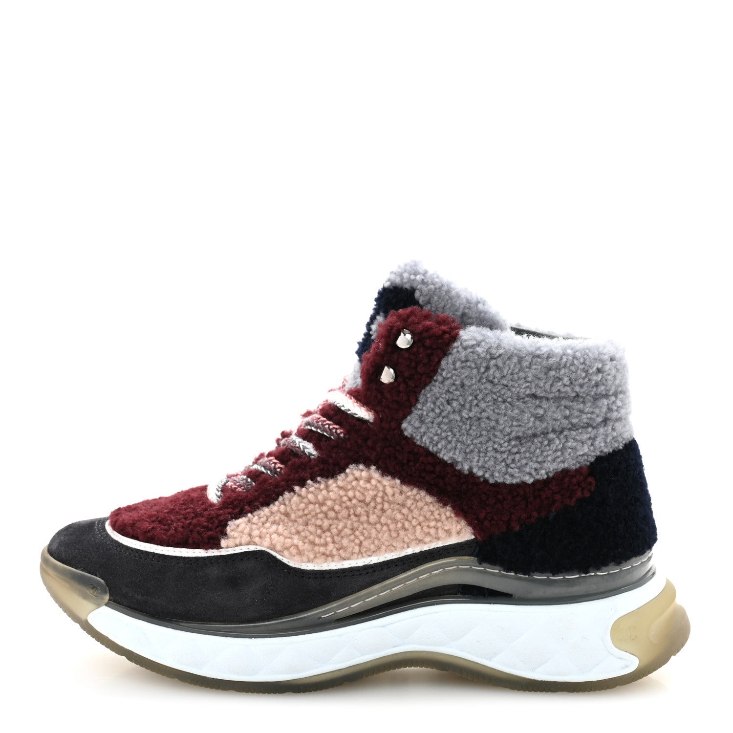 Shearling Lambskin Suede CC High Top Sneakers 36.5 Grey Pink Burgundy