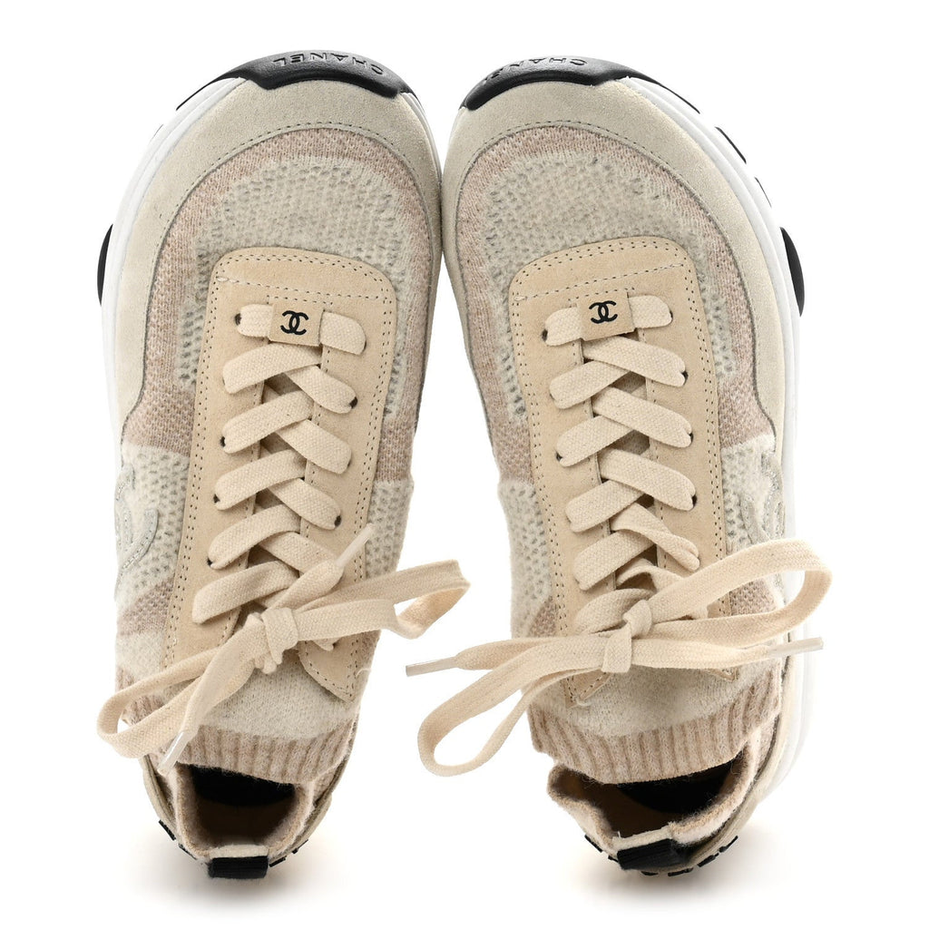 Knit Fabric Suede Calfskin Womens CC Sneakers 37 Ivory