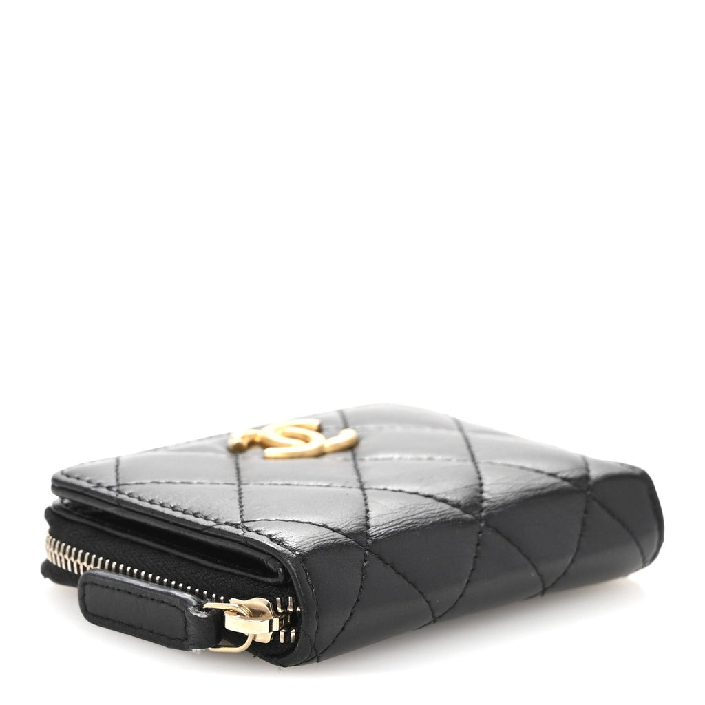 Lambskin Quilted Compact Zipped Wallet Black