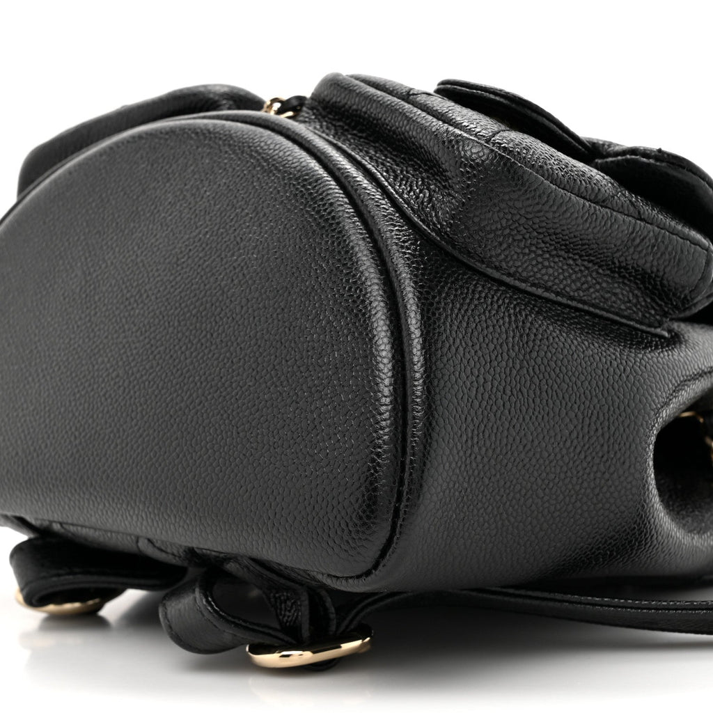 Shiny Caviar Quilted Small Duma Pockets Drawstring Backpack Black