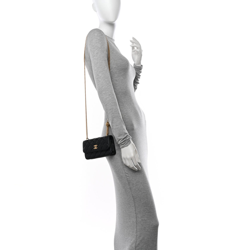 Lambskin Quilted Sweet Camellia Flap Phone Holder With Chain Black