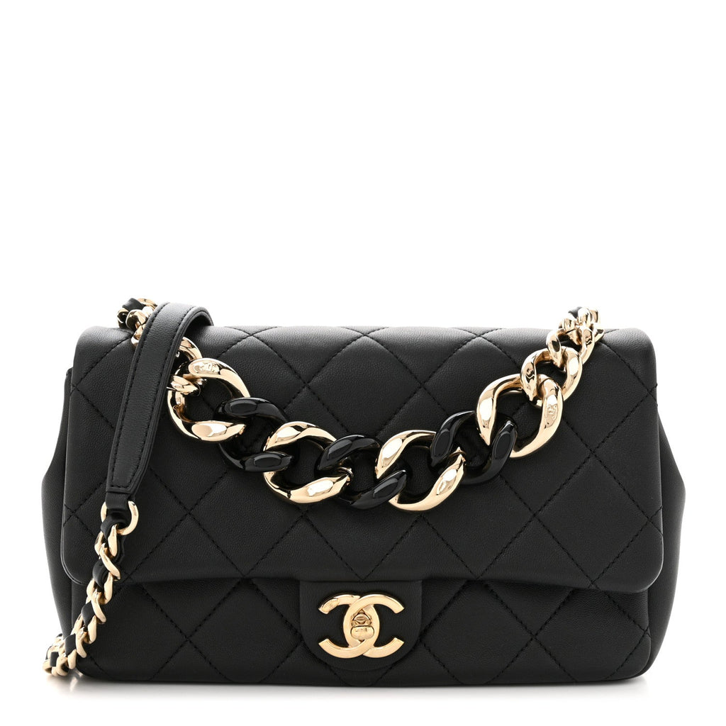 Lambskin Quilted Resin Bi-Color Chain Flap Bag Black
