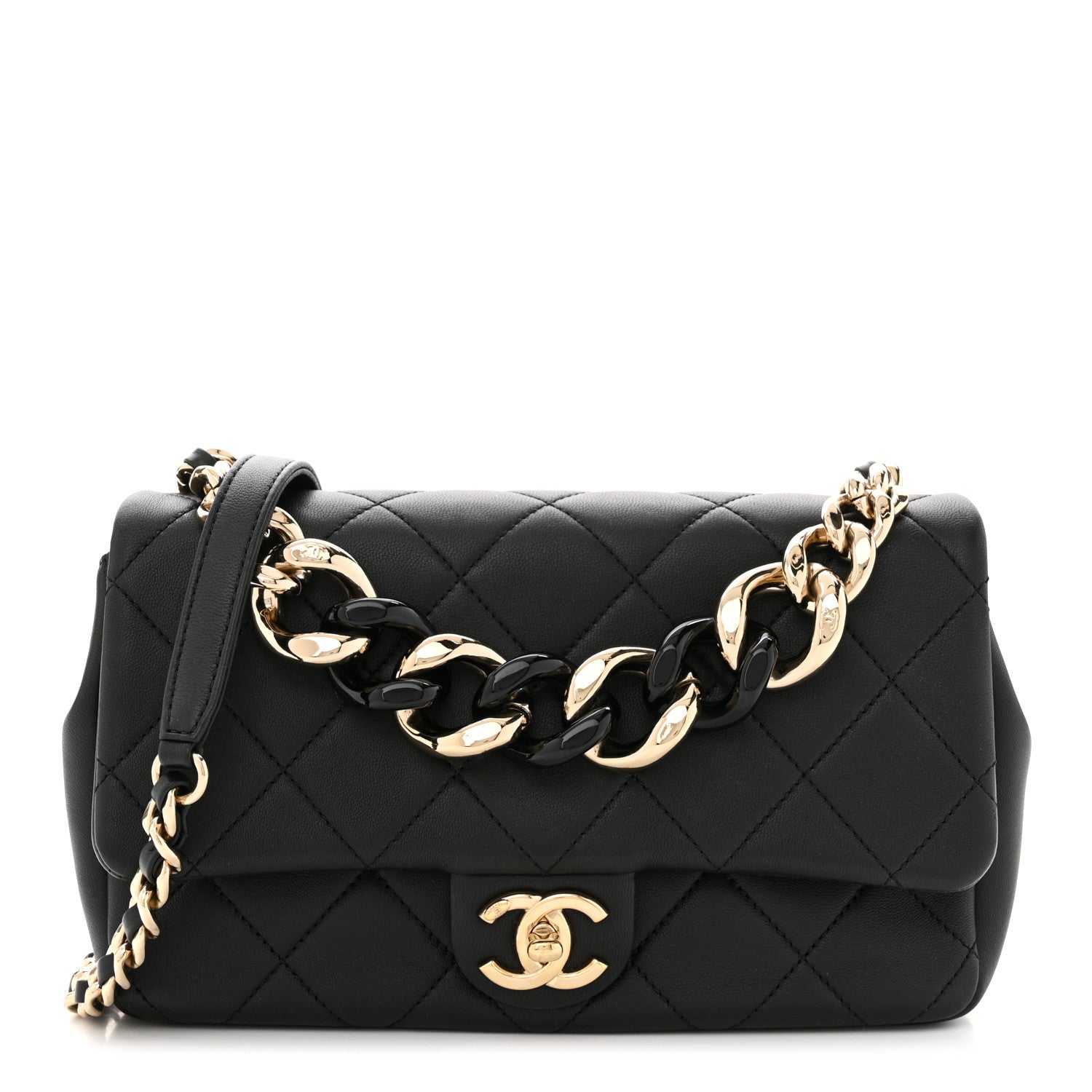 Lambskin Quilted Resin Bi-Color Chain Flap Bag Black