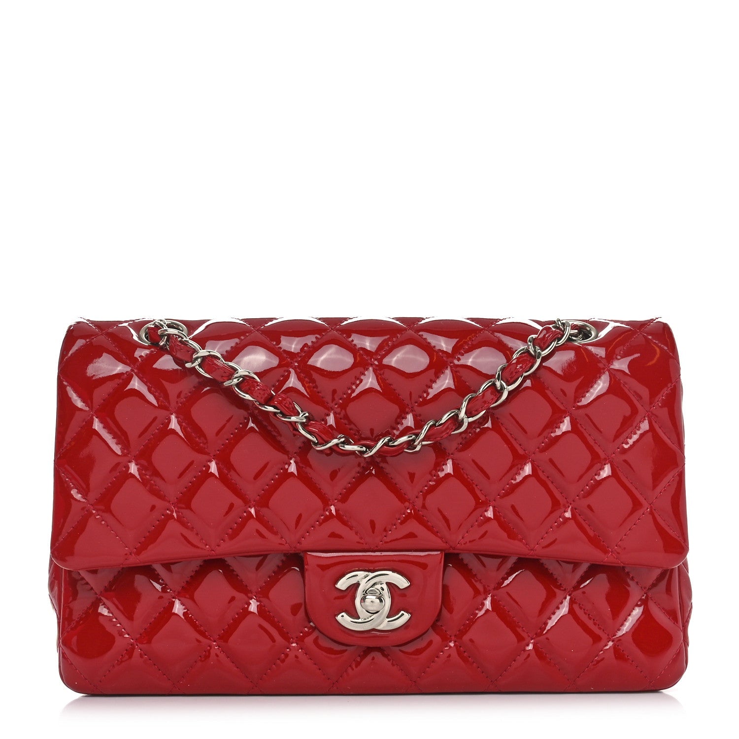 Patent Calfskin Quilted Medium Double Flap Red