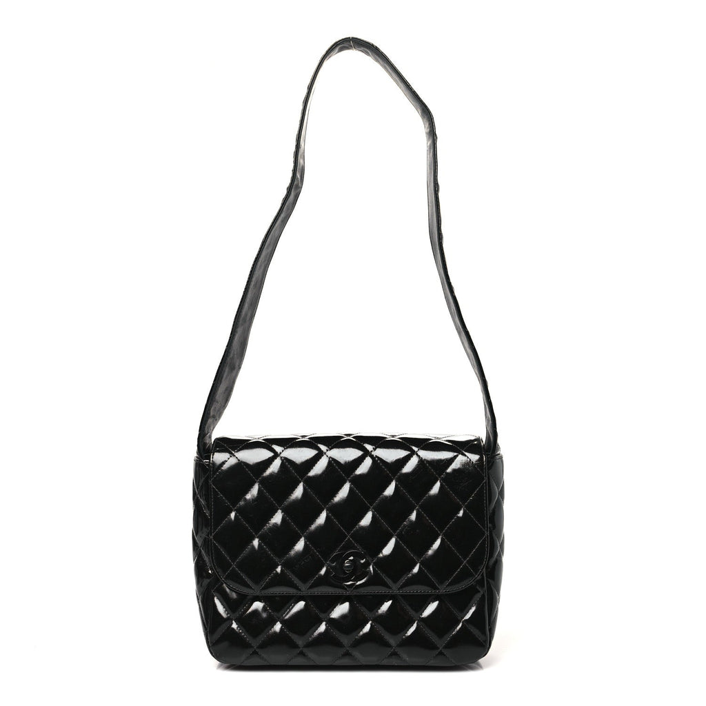 Patent Quilted Shoulder Flap Bag Black