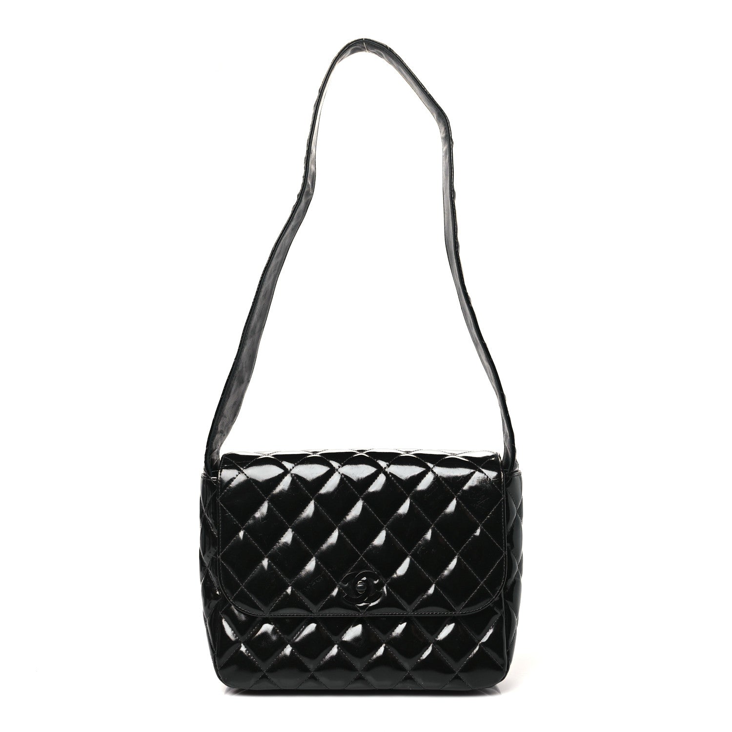 Patent Quilted Shoulder Flap Bag Black