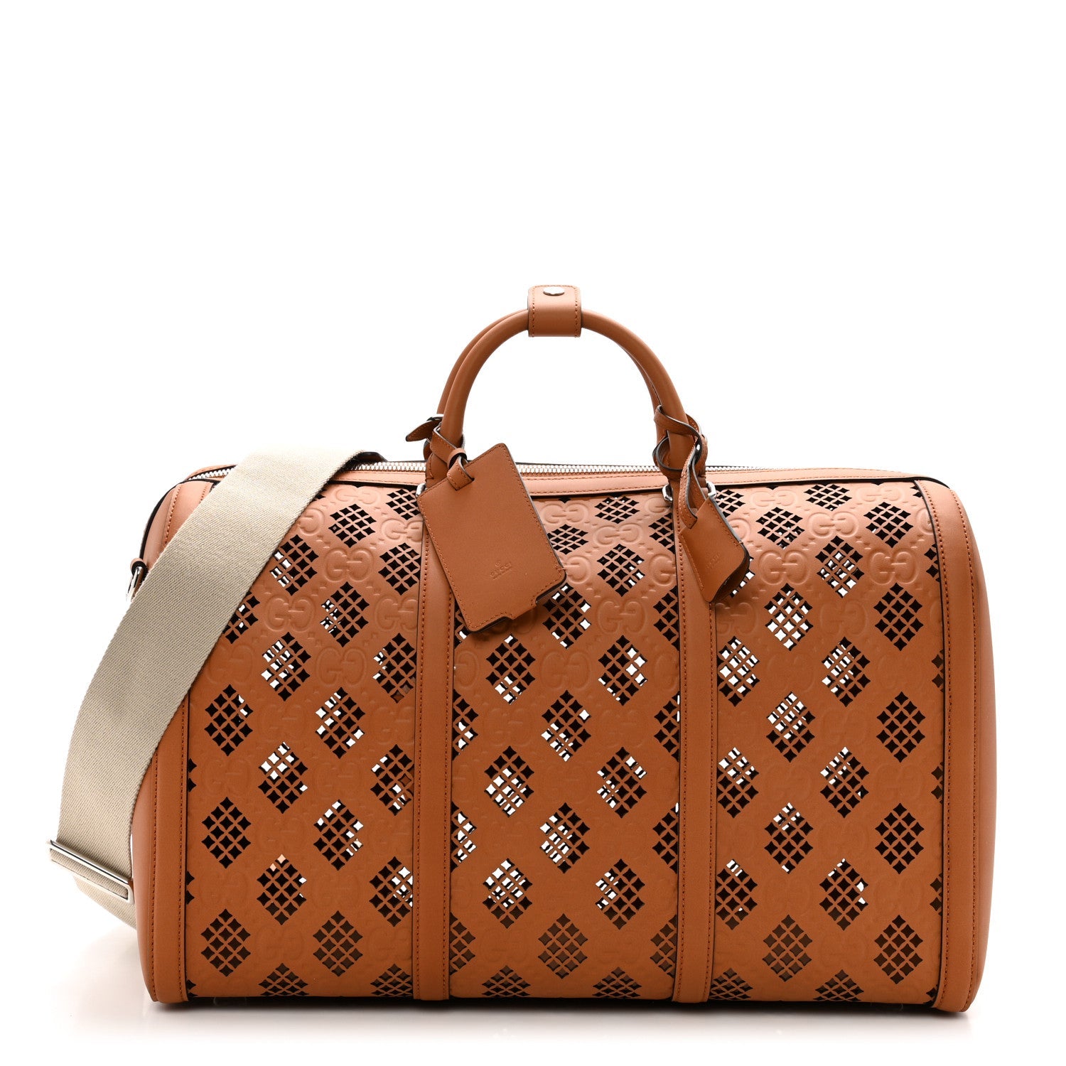 Calfskin Cut Out GG Embossed Medium Duffle Bag Harness Brown