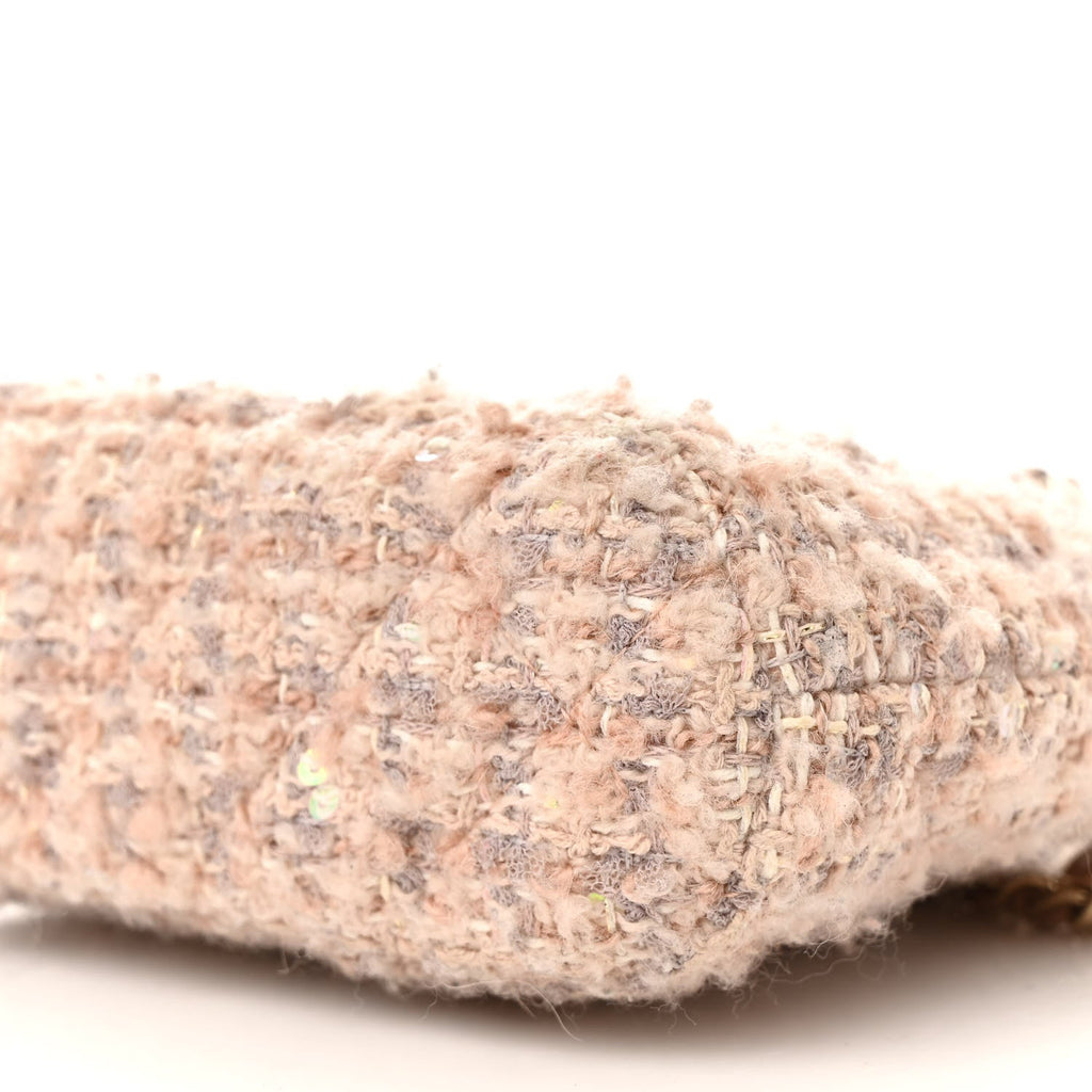 Cotton Wool Tweed Sequin Quilted Shiny Coco Clutch With Chain Light Pink Beige Ecru