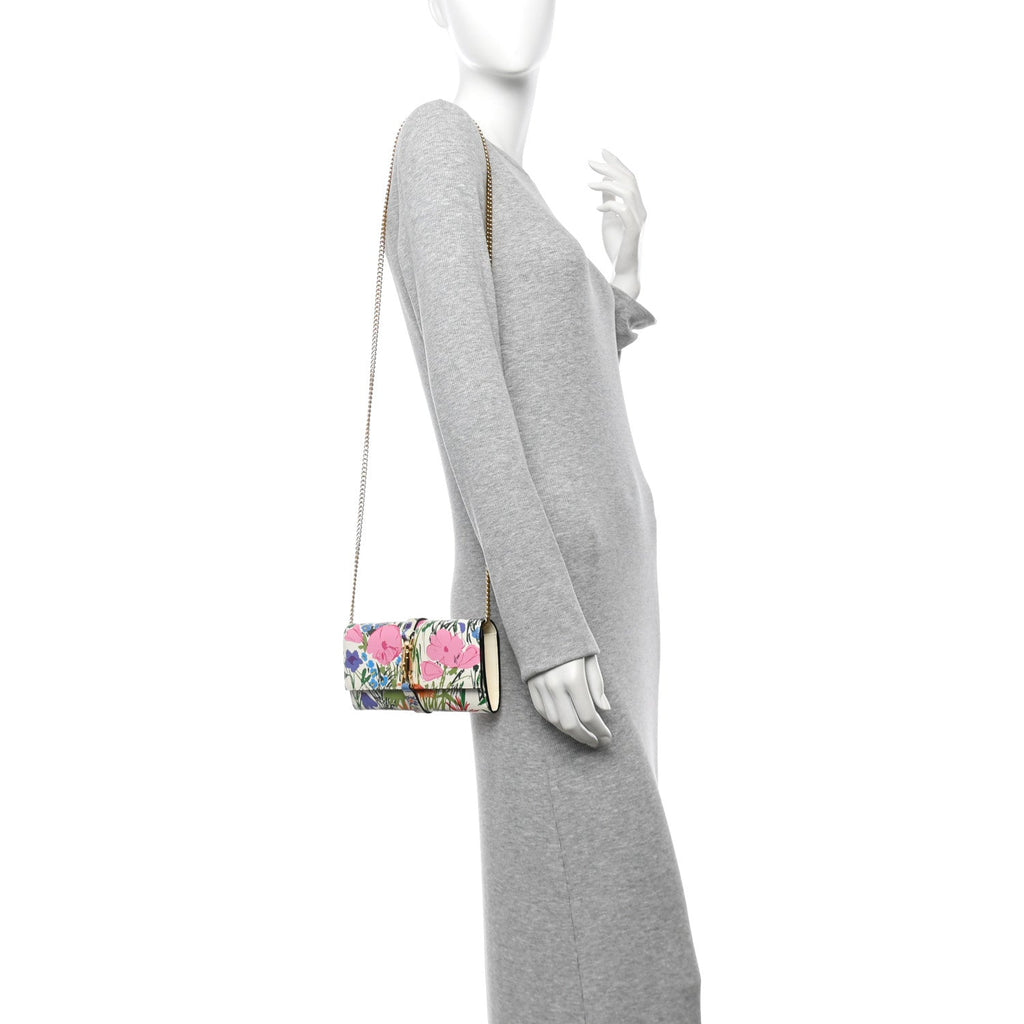 X KEN SCOTT New Shangai Calfskin Jardin D'Avril Floral Print Jackie 1961 Chain Wallet Ivory Pink