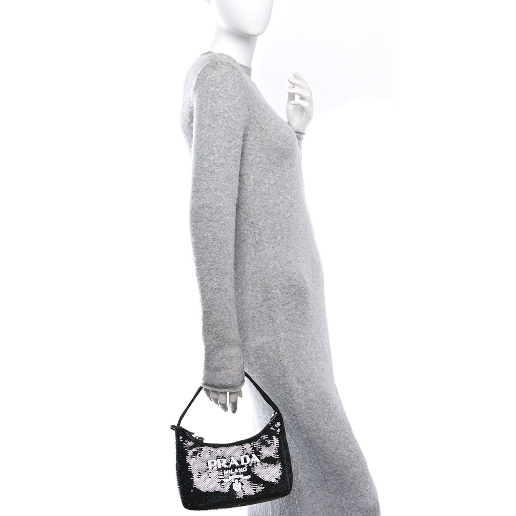 Paillettes Sequin Mini Re-Edition 2000 Bag Black White