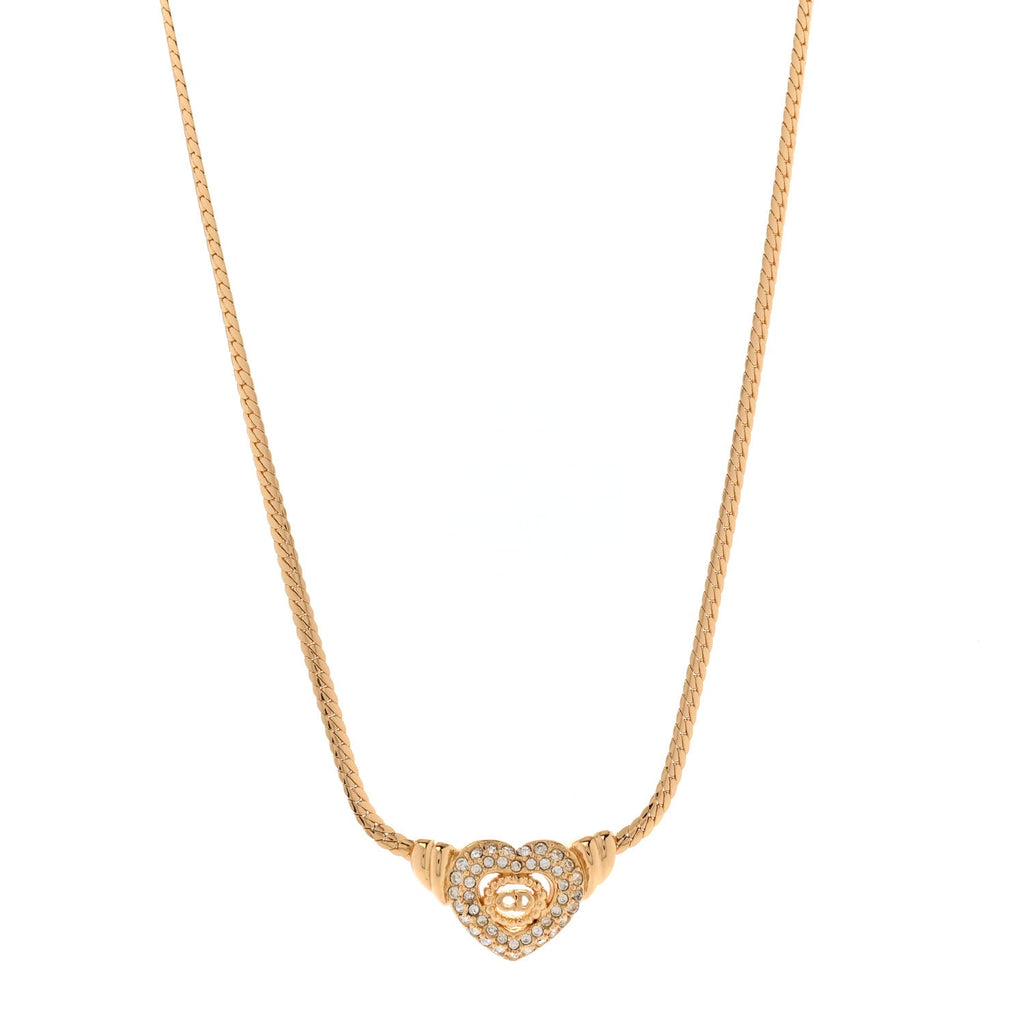Metal Crystal Logo Heart Necklace Gold