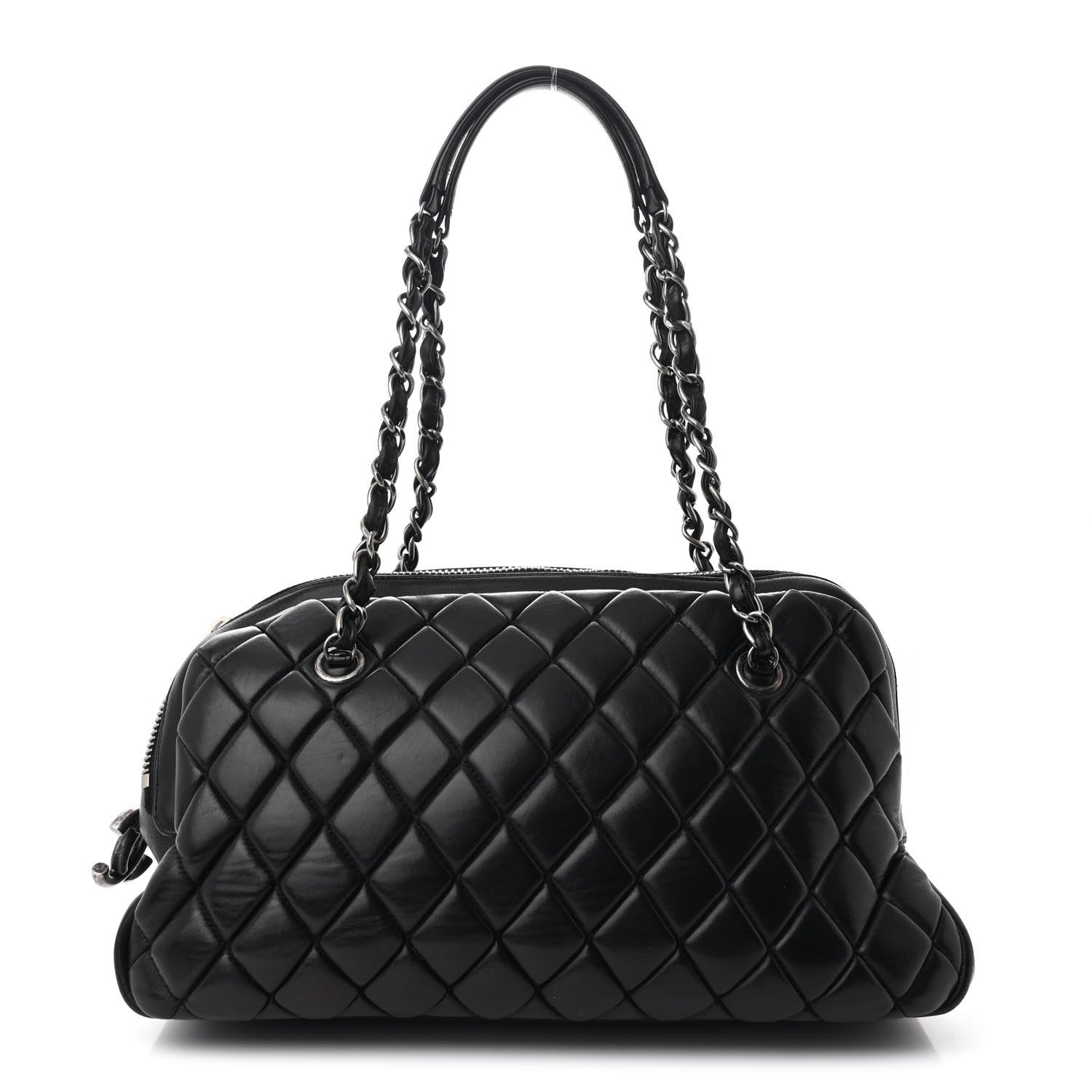 Lambskin Bubble Quilt Small Double Bowling Bag Black