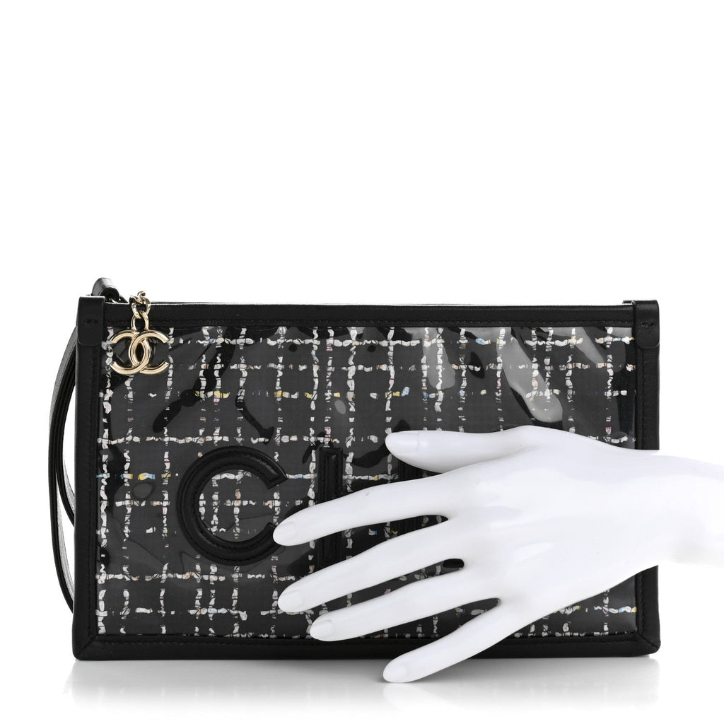 Tweed PVC Lambskin Wristlet Pouch Black