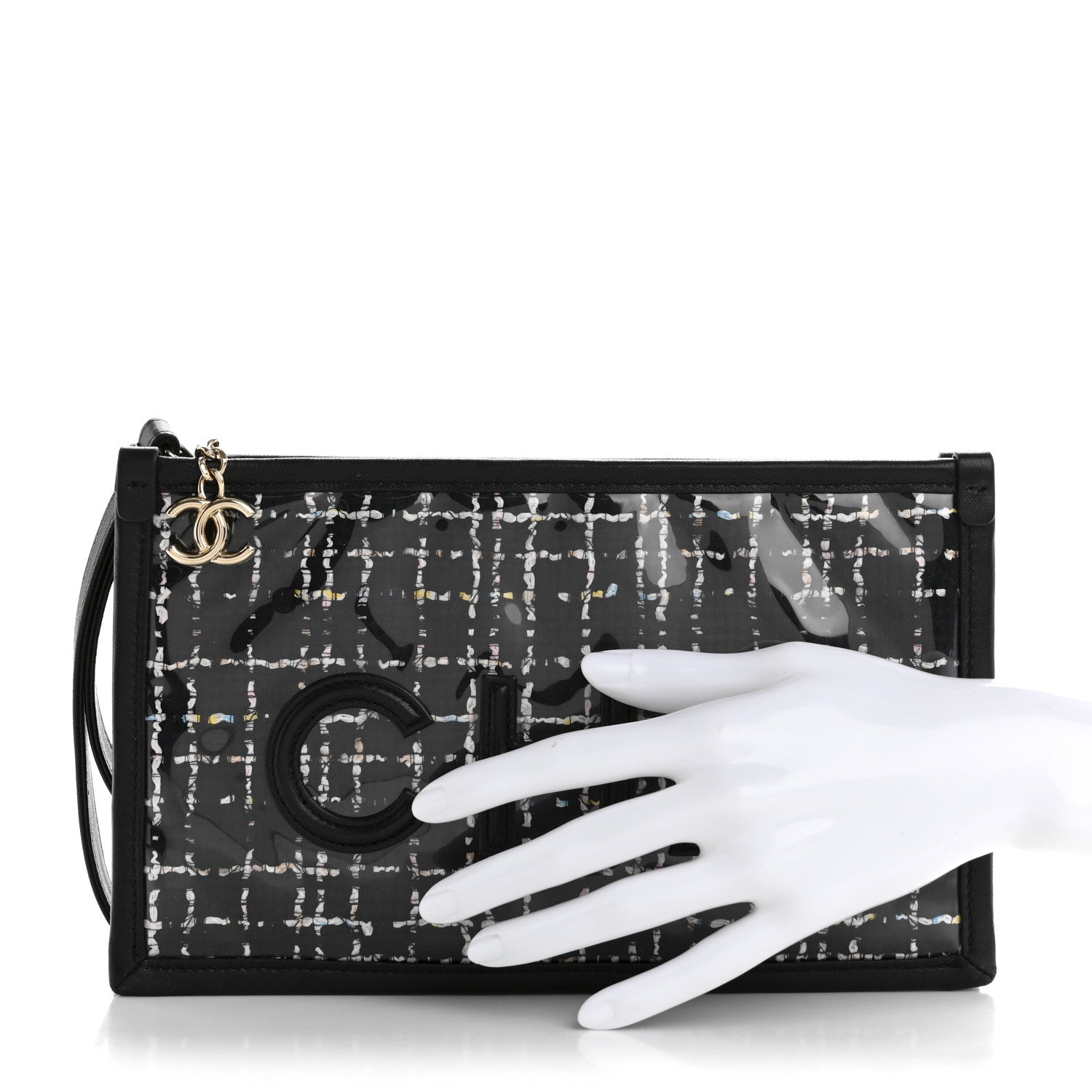 Tweed PVC Lambskin Wristlet Pouch Black