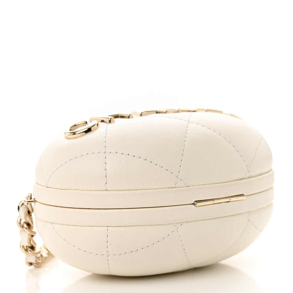 Lambskin Quilted Oval Minaudiere Chain Clutch White