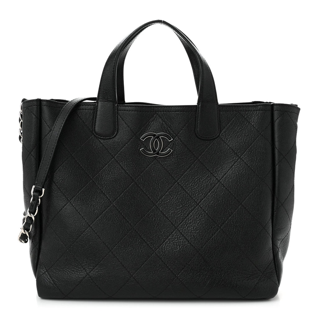 Caviar Stitched Medium Lady Coco Shopping Tote Black