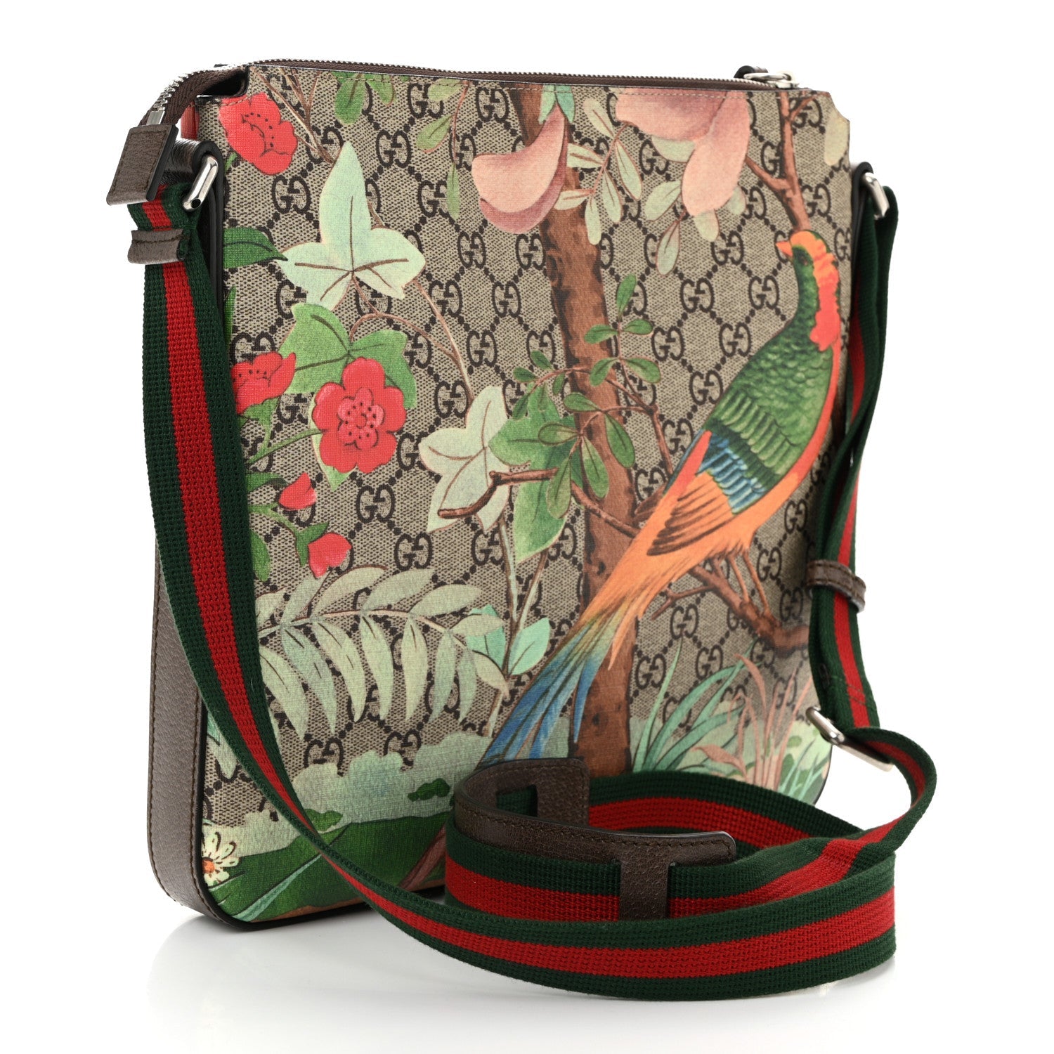 GG Supreme Monogram Tian Web Medium Flat Messenger Beige Multicolor New Acero