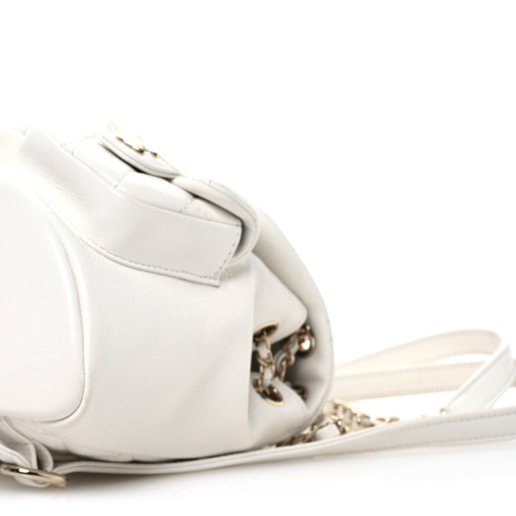 Shiny Caviar Quilted Small Duma Pockets Drawstring Backpack White
