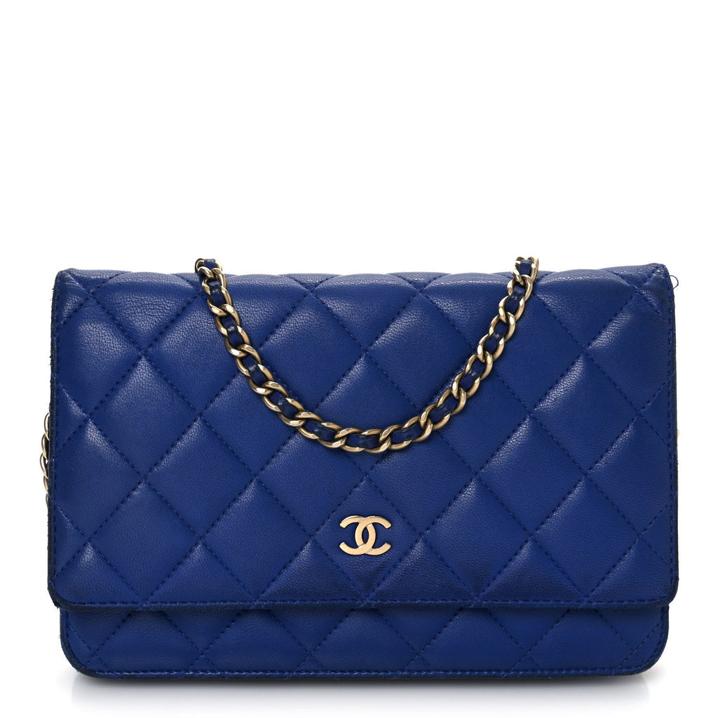 Lambskin Quilted Wallet On Chain WOC  Navy Blue