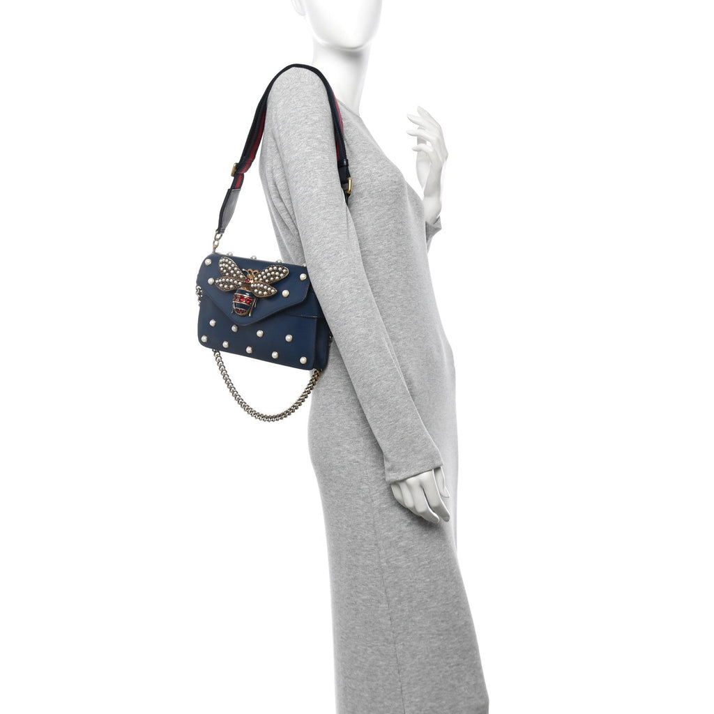 Nappa Pearl Studded Mini Queen Margaret Broadway Shoulder Bag Blue Agata