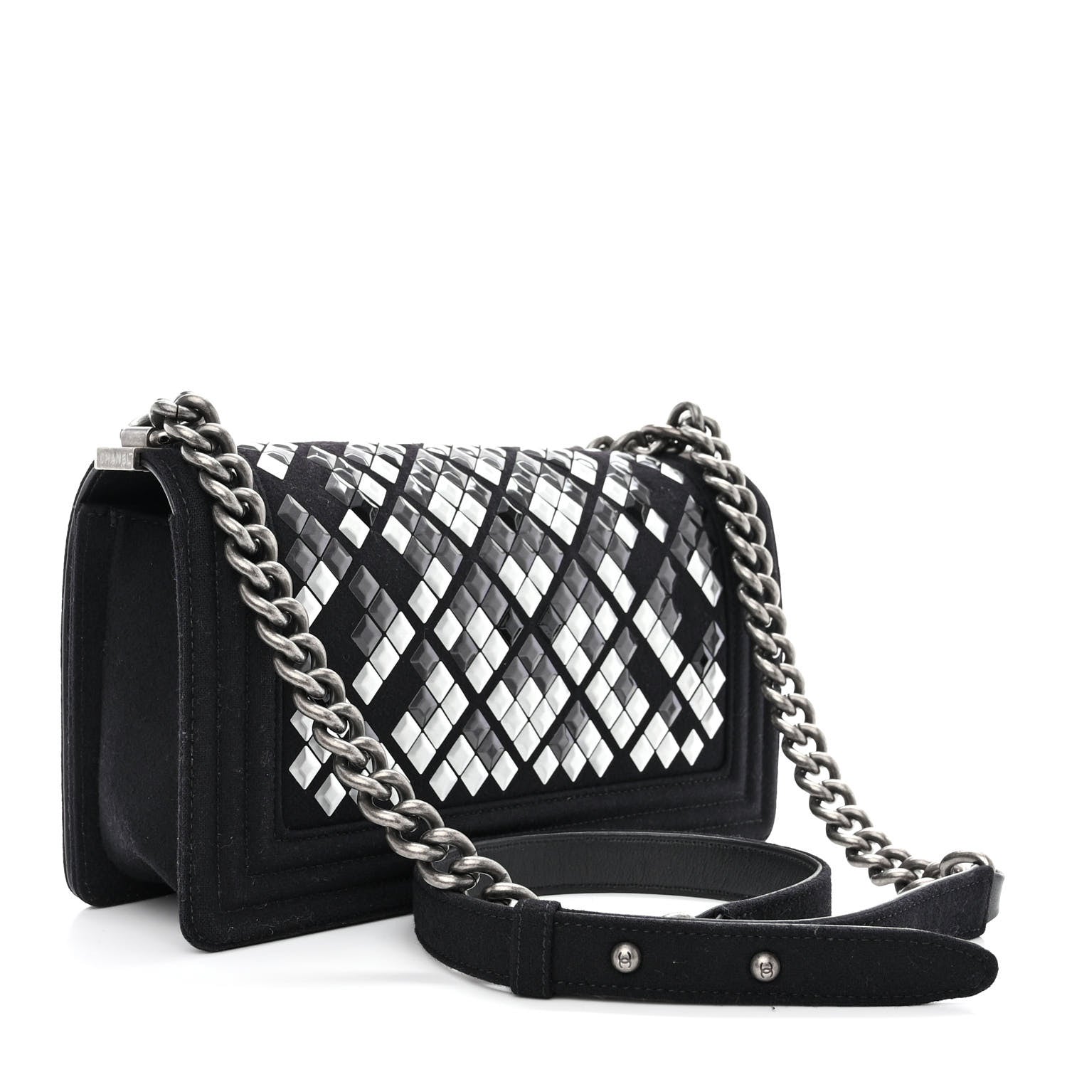 Wool Lambskin Embroidered Mosaic Medium Boy Flap Black