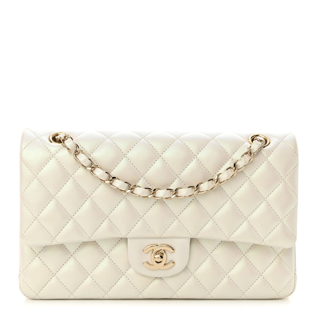 Iridescent Calfskin Quilted Medium Double Flap White