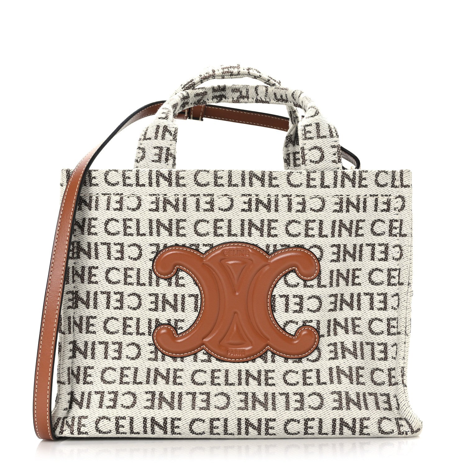 Canvas Calfskin All Over Print Small Cabas Thais White Tan