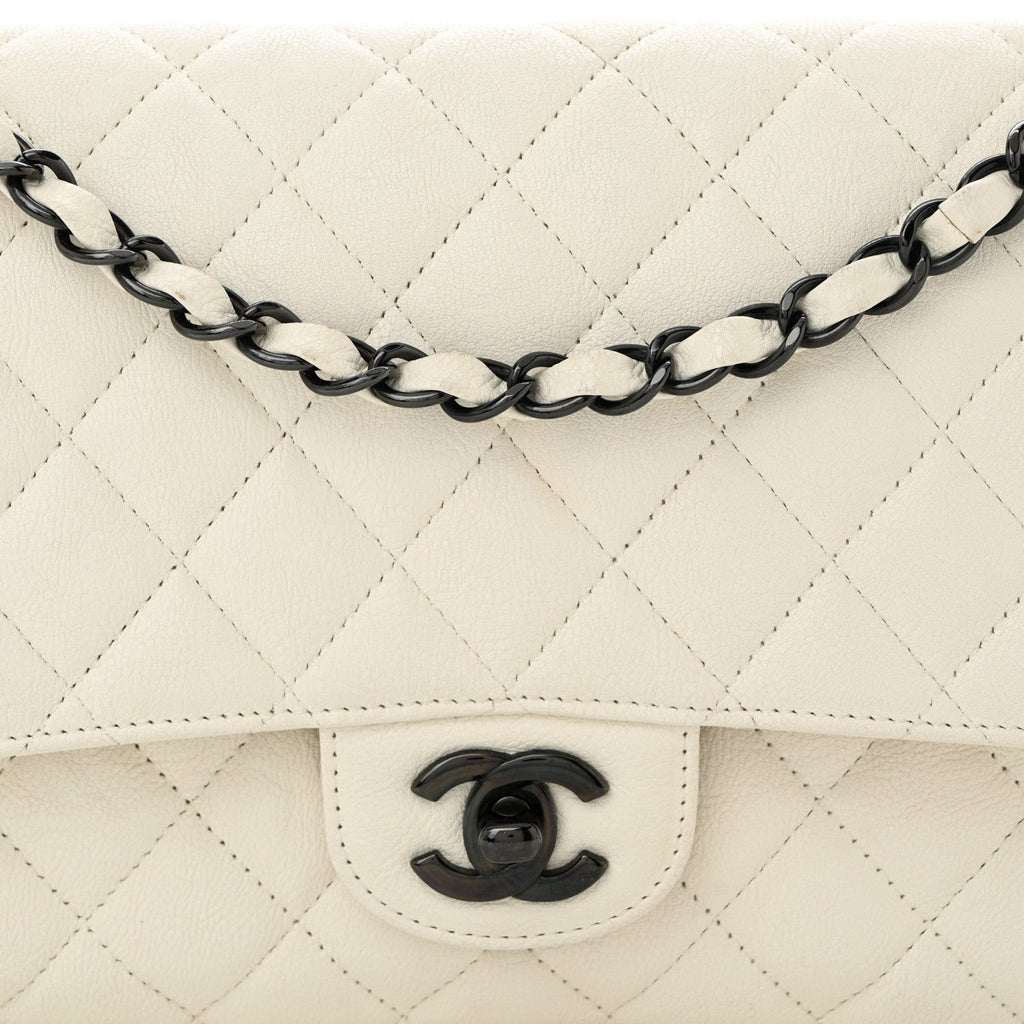 Crumpled Calfskin Quilted Medium Double Flap White