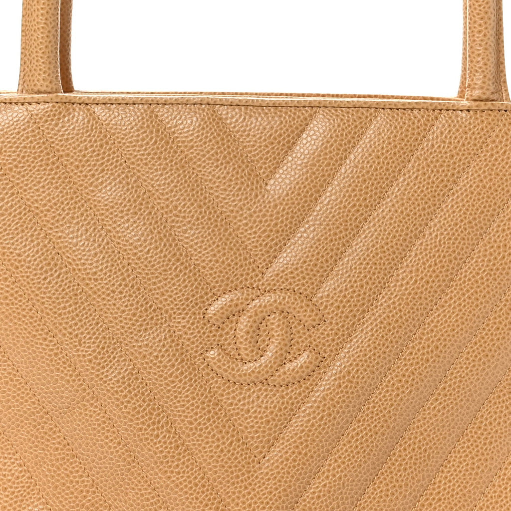 Caviar Chevron Tassel Tote Beige