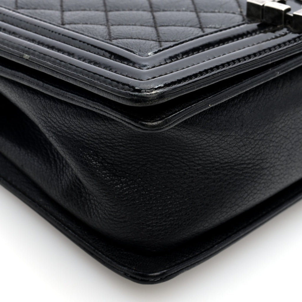Goatskin Quilted Patent Medium Duo Boy Flap Black