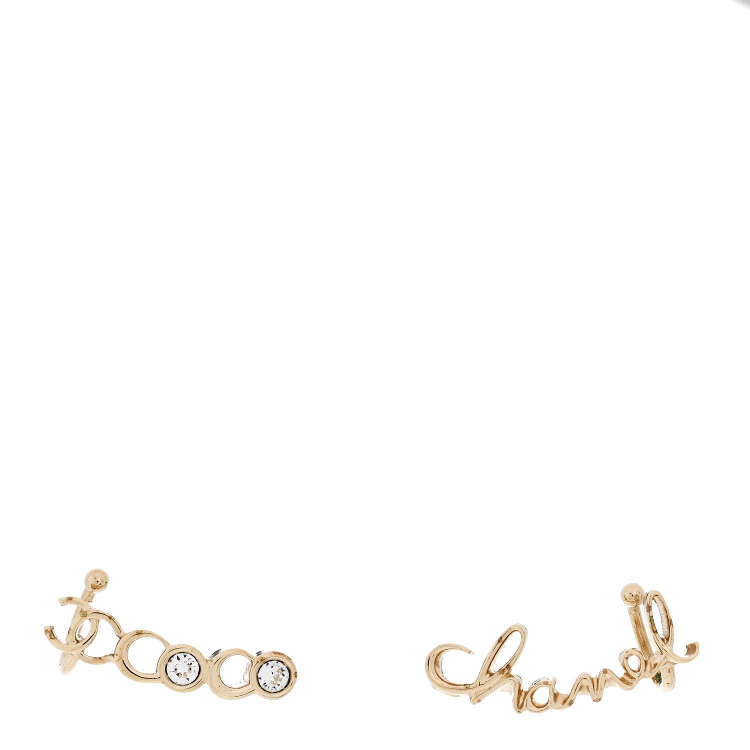 Metal Crystal Coco Script CC Climber Earrings Gold