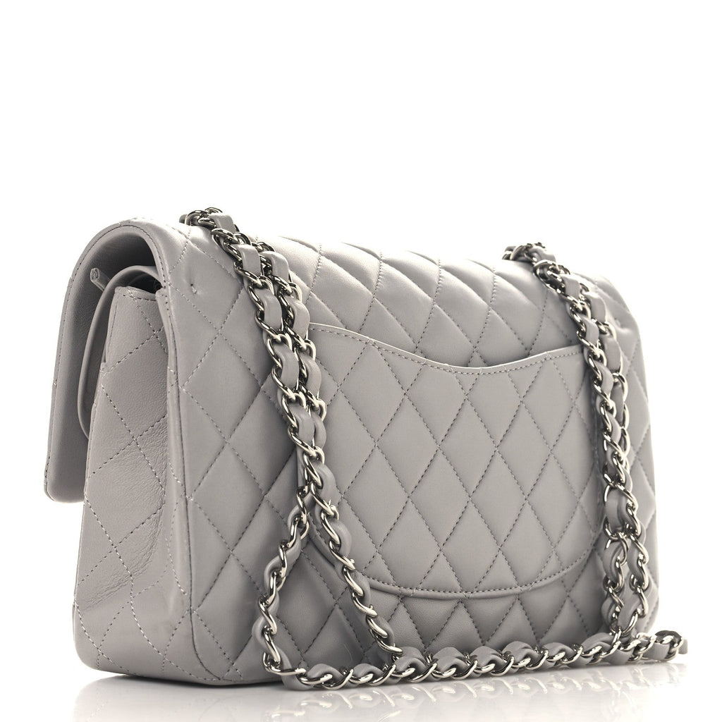 Lambskin Quilted Medium Double Flap Grey