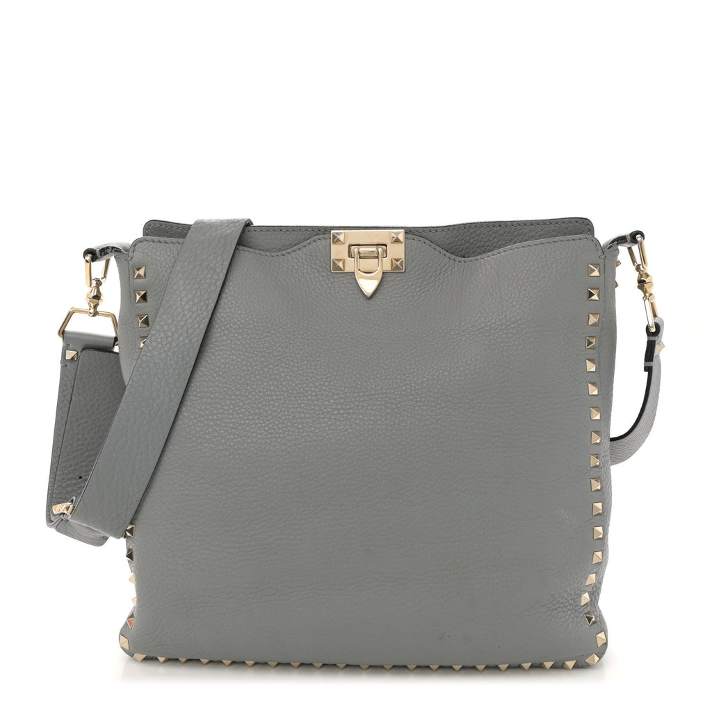 Pebbled Calfskin Small Rockstud Flip-Lock Messenger Bag Light Stone