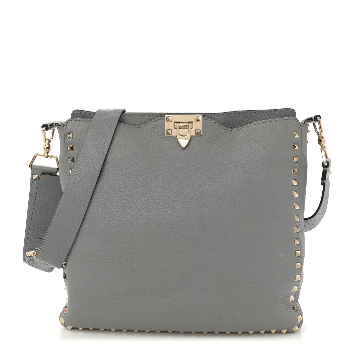 Pebbled Calfskin Small Rockstud Flip-Lock Messenger Bag Light Stone