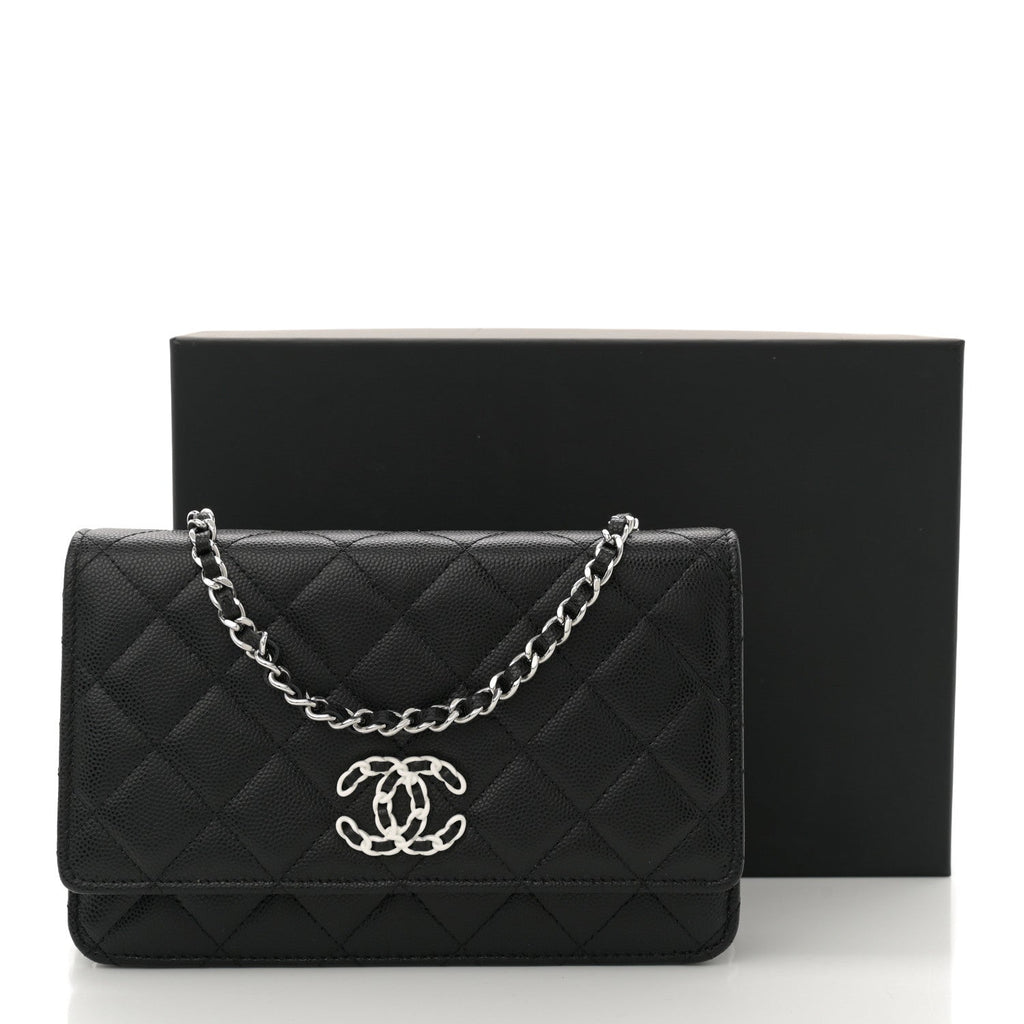Caviar Quilted Chanel 19 Wallet On Chain WOC Black White